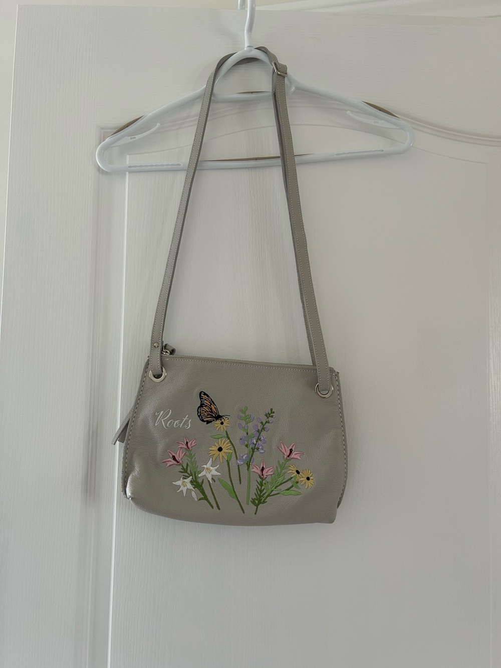 Roots Grey Floral Shoulder Bag with Butterfly Accent